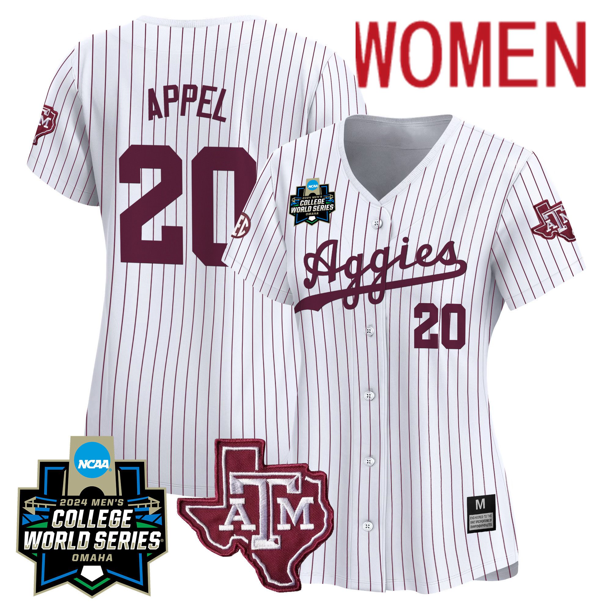 Women Texas A&M Aggies #20 Appel White Stripe 2024 College World Series Vapor Premier Limited NCAA Jersey